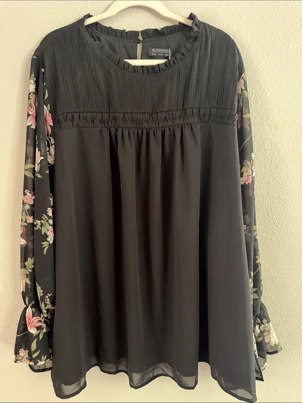 BloomChic Black Blouse with Pink Floral Sleeves